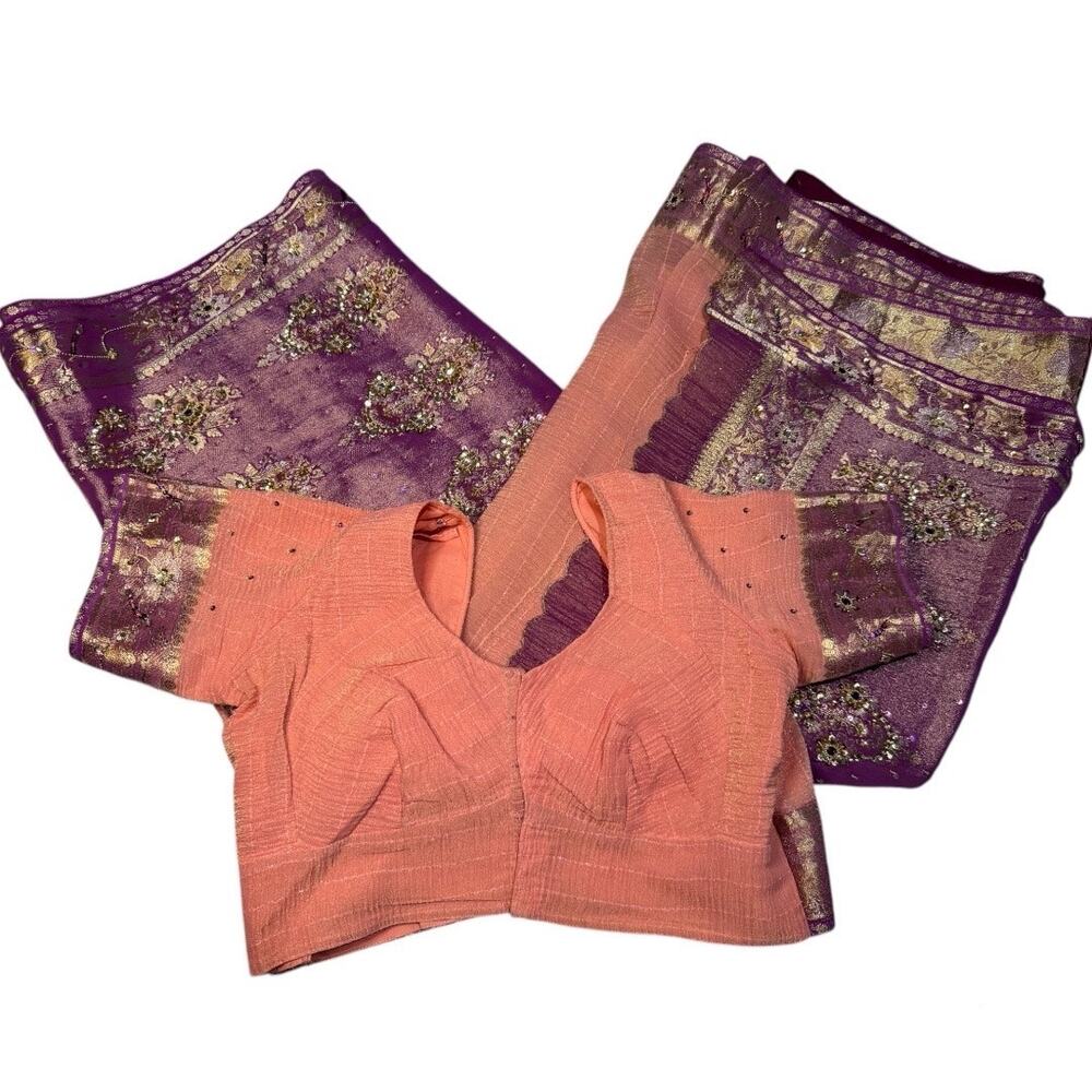 Women's L/ XL Pink & Purple Indian Net Sari / Saree